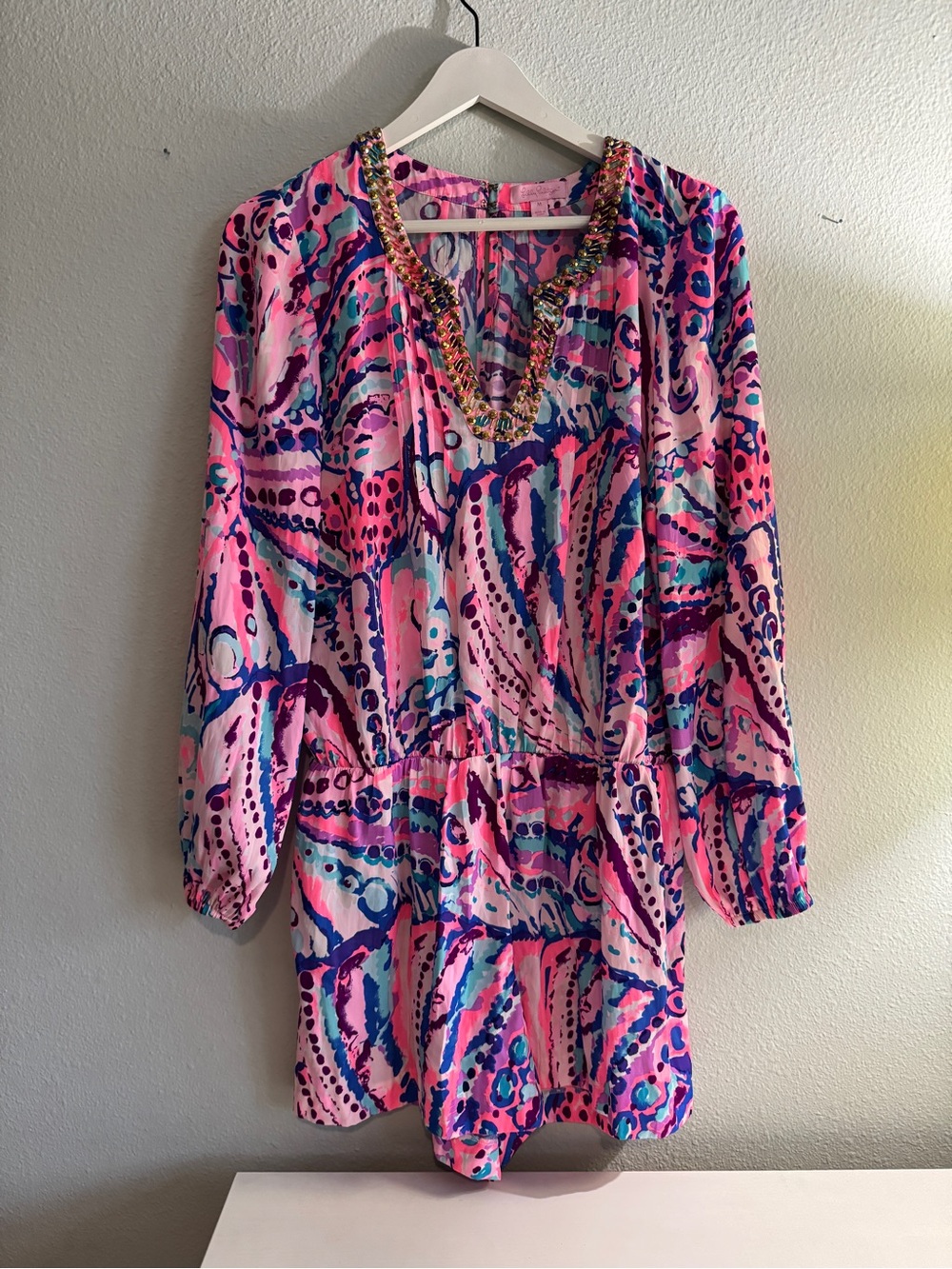 Lilly Pulitzer Vibrant Pink Multicolor Beaded V-Neck Romper Size M